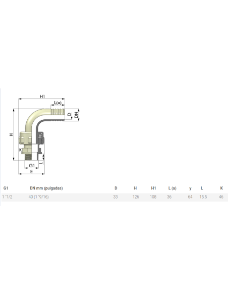 Codo plástico con machón de 1" 1/2 para manguera de 40 mm