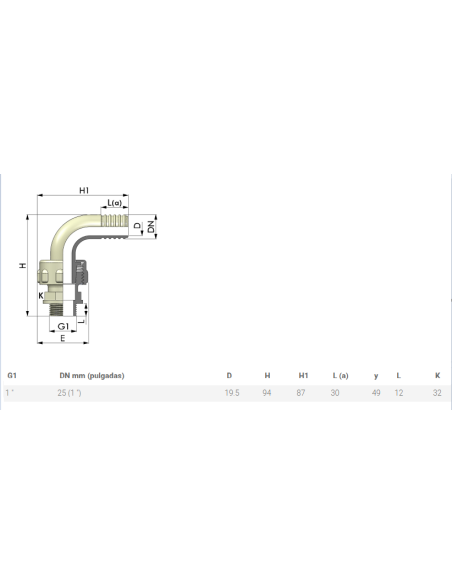 Codo plástico con machón de 1" para manguera de 25 mm
