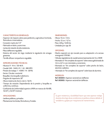 Aspersor VYR-50 Latón Sectorial Con Deflector Rosca 1/2" Macho  Vyrsa