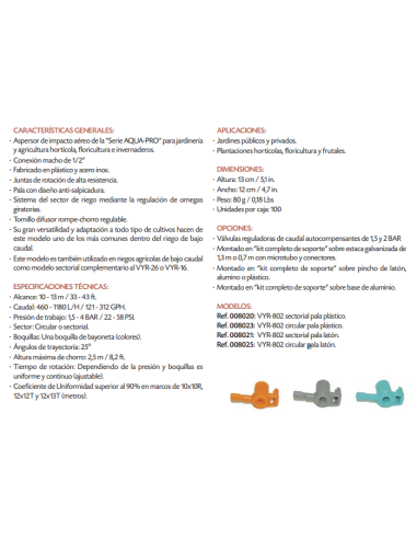 Aspersor VYR-802 Con Pala Sectorial De Plástico 1/2" Macho Vyrsa