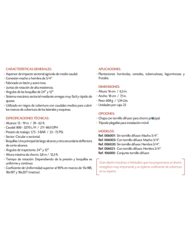 Aspersor VYR-60 Latón Sectorial Con Tornillo Difusor 3/4" Hembra Vyrsa