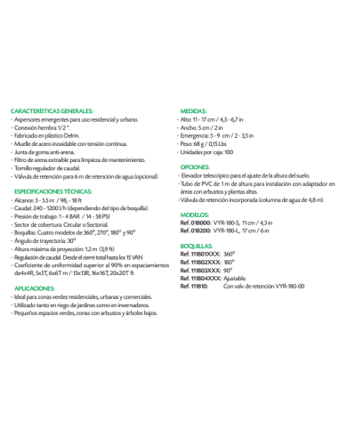 Difusor VYR-180 Plástico Emergente 11 CM Conexión 1/2" Hembra