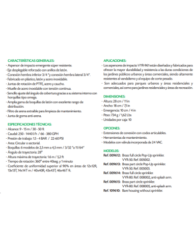 Aspersor VYR-961 POP-UP Emergente Urban 3/4" Hembra