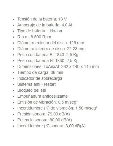 Amoladora 125MM DGA504RMJ Bat 18V +2Bat Makita