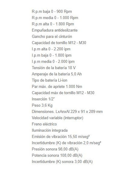 Llave de impacto de batería de 18V Litio-ion